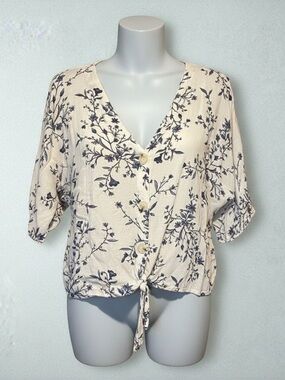 LUQ Floral Tie Front Blouse Women’s Large Cottagecore Blue White Lightweight Top